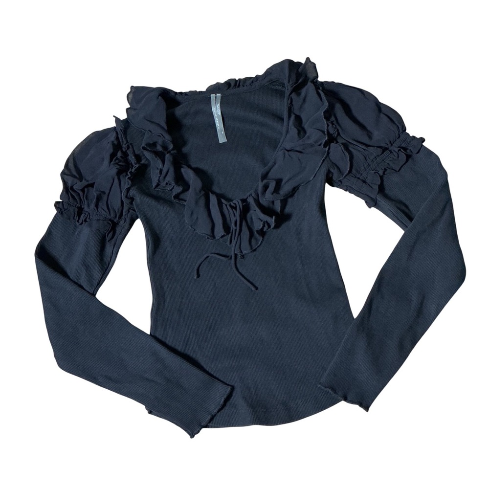 Anthropologie Coquette Ruffle Dark Academia Ruffle Ribbed Knit Top XS OB2104386